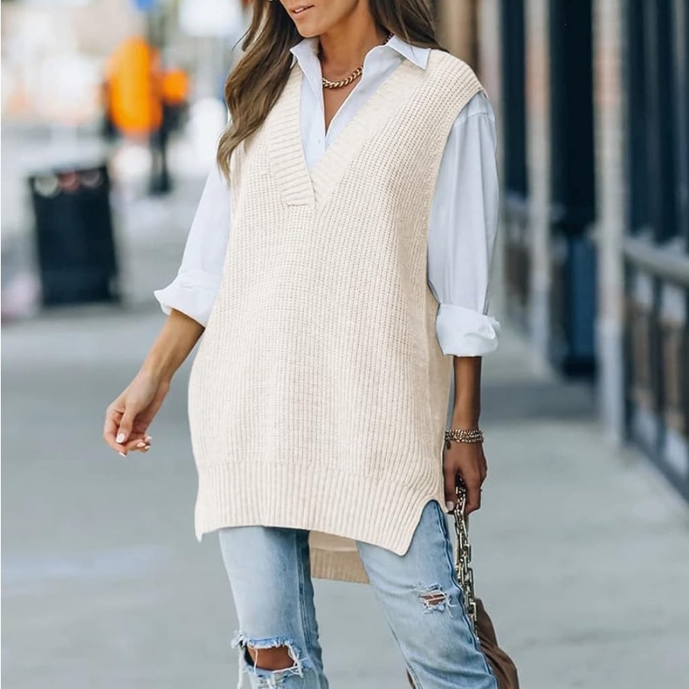 Women's V Neck Oversized Off White Sweater Vest